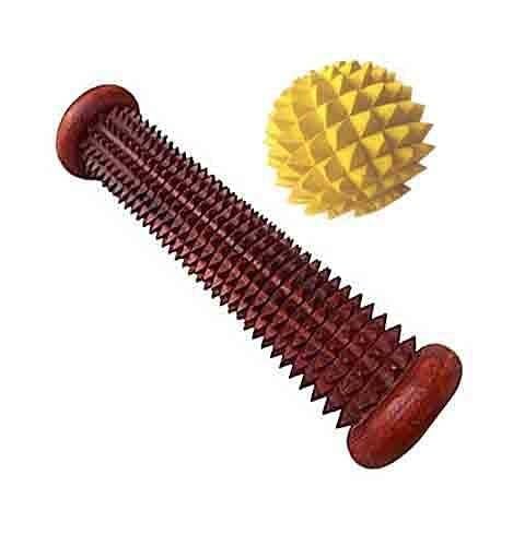 LRK Foot Roller Wooden Acupressure massager Pain Relief Rod (Brown) with Ball Massager Yellow (Colour)