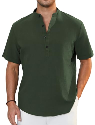 Enlision En's Linen Shirt Short Sleeve Grandad Collar Collarless