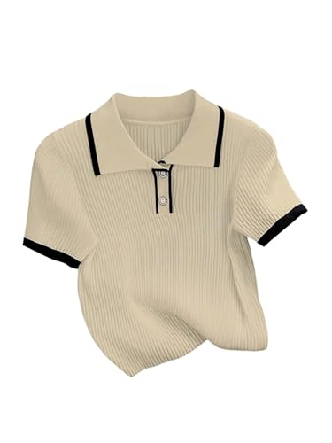 Verdusa Women's Old Money Tops Knit Short Sleeve Sweater Button Front Collared Crop Tops