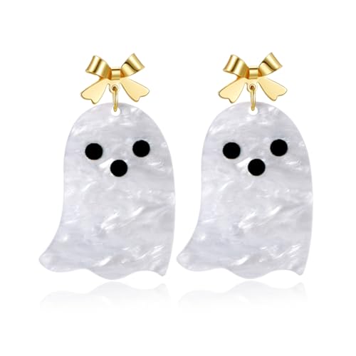 Halloween Ghost Earrings for Women Spooky Cute 14K Gold Plated Bow Dangle Jewelry Fun Halloween Accessories Gifts (Ghost)