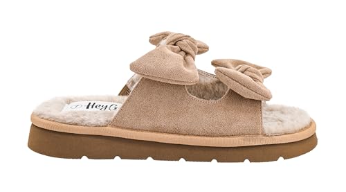 Corkys Footwear Hey Girl Airplane Mode Slip-on Sandal - Featuring Two Straps with Bows, A Comfy Cushioned and Fur-Lined Insole For All-Day Comfort and Wear - Sand Faux Suede, Size 7