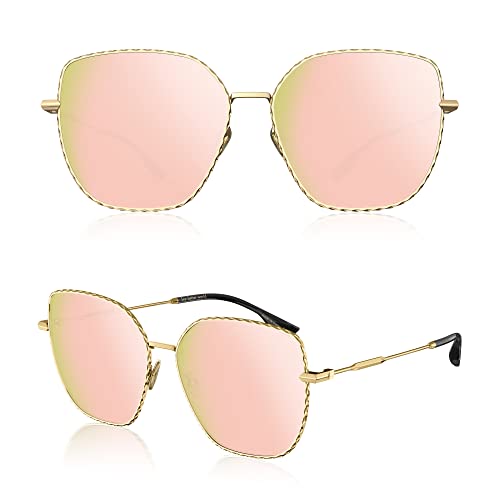 Image of LUENX Square Sunglasses for Women Oversized-Trendy Polygon Flat Three dimensional Rhombic Loop Wire Frame PC Lens, Gold Frame /Mirrored Pink Lens,