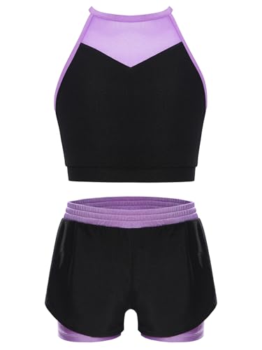 easyforever Kids Girls Color Block Sports Set Mesh Patchwork Crop Tank Top With Double -layer Shorts For Athletic Workout Purple 10 Years