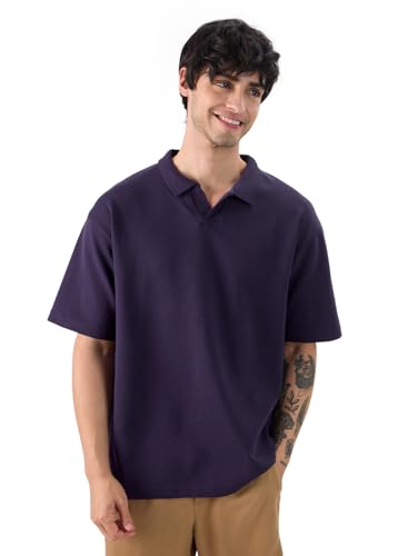 Image of The Souled Store Solids: Pastel Blue Men and Boys Short Sleeves Collared Neck Textured Cotton Blend Oversized Polos