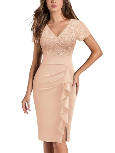 Miusol Women's Deep V-Neck Glitter Sequin Lace Elegant Ruffle Style Cocktail Party Dress