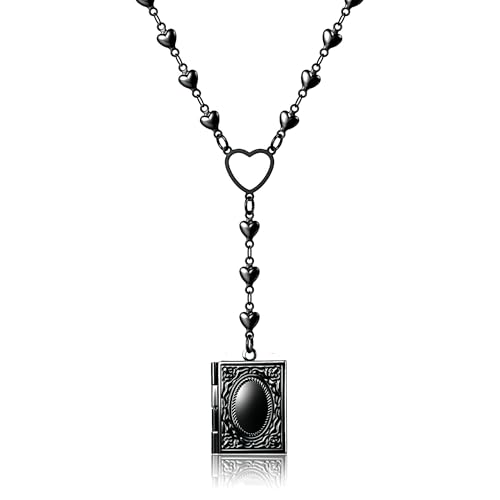 XCTUDY Fashion Heart Locket Necklace for Women Stainless Steel， Photo Holder Pendant (Book locket, Black)