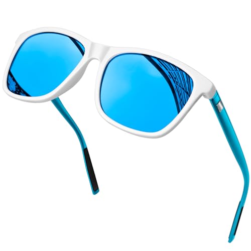 KANASTAL Lunettes de Soleil Homme et Femme Polarisées Mode Rectangulair Verre Bleu Monture Blanche AL-MG Protection UV400 pour Voyage Plage