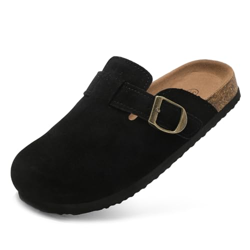 Image of Kids Suede Clogs Boys Girls Mules Cork Genuine Leather Sandals with Adjustable Buckle Slippers Potato Shoe Indoor Outdoor Slip On Slide for Big Kids