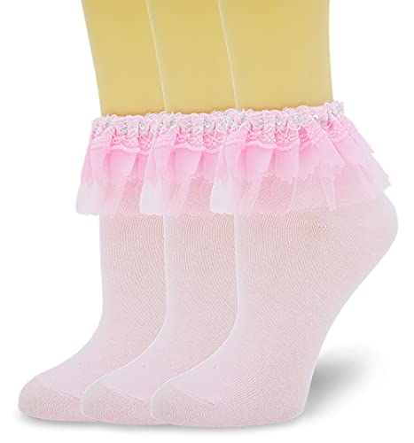 Image of Women Ankle Socks Lace Ruffle Frilly Cute Princess Dress Cotton Socks for Girl 3 Pack