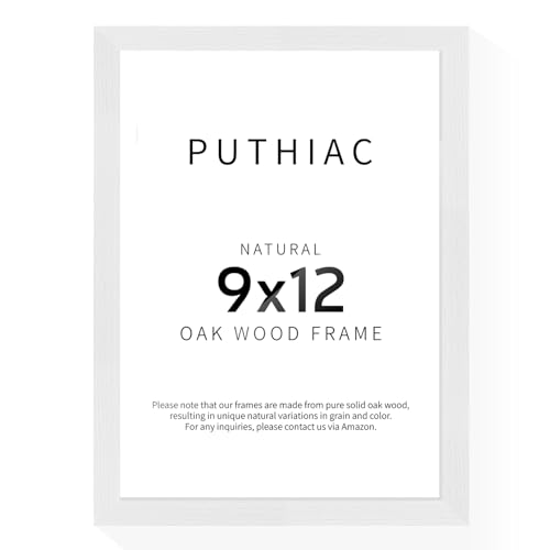 puthiac 9x12 Oak Wood Picture Frams - Minimalist 9x12 Oak Wood Frames, 9"x12" Picture Frame Wood, Natural Solid Wooden Picture Frames for Wall Art Photo and Prints(1 Pack, White)