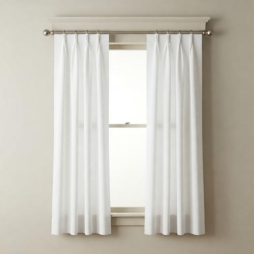 Cotton Linen Semi Sheer Curtains, Triple Pinch Pleat, Light Filtering, 63.5 cm Width, Set of 2, White (63.5(W) X 183(H) CM)