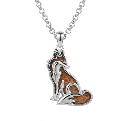 AMWUCT Fox Necklace Silver Wood Necklace Wooden Foxes Jewelry Fox Queen Gifts for Women