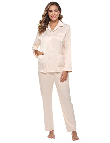 Nieery-Damen-Satin-Schlafanzug-Langarm-Pyjama-Set-Zweiteiliger-Lang-Nachtwaesche-Hausanzug-Oberteil-mit-Kerbzahnkragen-und-Pyjamahose