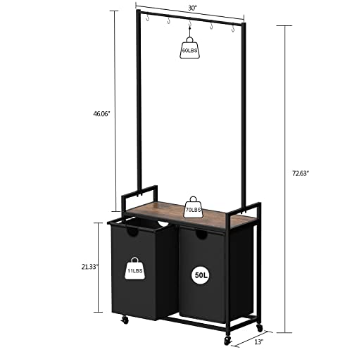 Simoretus Laundry Hamper Laundry Basket Laundry Sorter With Clothes Hanging Bar,Wooden Shelf,2 Sliding Bags,Laundry Hamper Garment Rack With Rolling Wheels For Laundry Room Bathroom Bedroom #TOP3