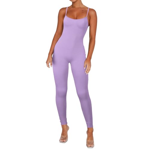 YIzdegg Jumpsuit dam tajt sexig ärmlös yoga bodycon jumpsuits sommar linne topp jumpsuit sparkbyxor spagettiband one piece bodysuit stretch fitness workout sport sparkdräkt kläder, lila, XXL