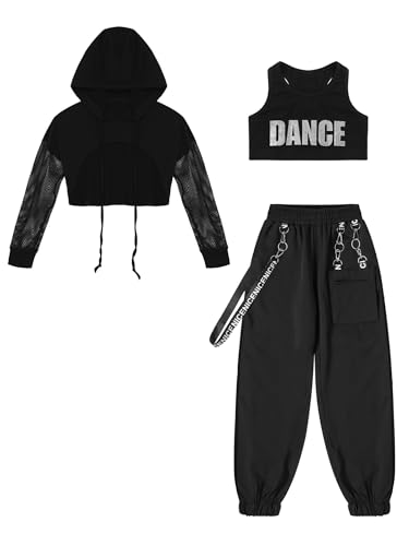 3Pcs Kids Girls Hip Hop Dance Outfit Hooded Vest with Tank Top Sweatpants Jogging Suits3