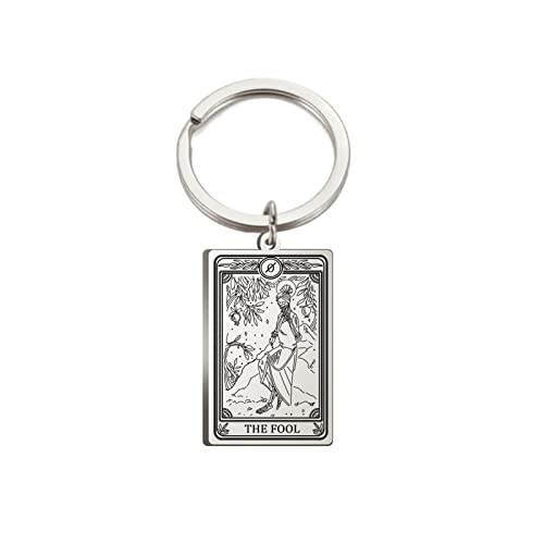 TEAMER Skeleton Tarot Cards Keychains Stainless Steel Amulet Marigold Tarot Card Major Arcana Keyring for Keys Cars Bags (Steel Color-THE FOOL)