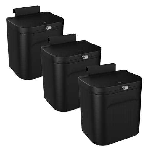 Naisu 3 Pack 1.12 Gallon Kitchen Garbage Bin for Counter Top or Under Sink, Stick on The Wall?Hanging Small Trash Can with lid for Cupboard/Bathroom/Bedroom/Office(Black)