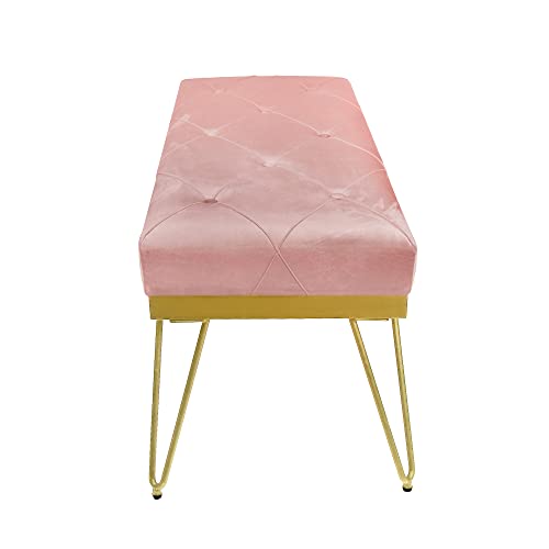 Leejay 44" Pink Velvet Upholstered Kitchen Dining Room Bench With Golden Leg - Entryway Accent Furniture - Extra Sturdy - 44.88L X 17.71W X19.68H Inch #TOP5