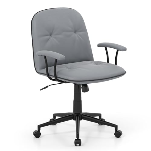 GYMAX Silla de Oficina con Ruedas, Silla de Escritorio de Cuero Sintético con Reposabrazos Acolchados, Altura Ajustable, Función de Balanceo, Sillón Giratorio para Trabajo, Dormitorio, Salón (Gris)
