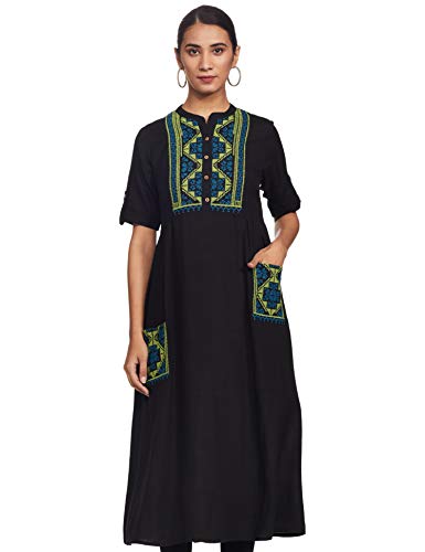 Image of Haute Curry by Shoppers Stop Womens Mandarin Collar Embroidered Kurta