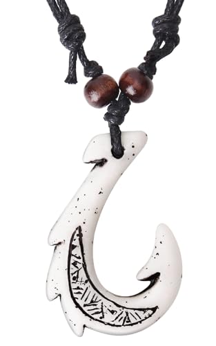 Hawaiian Fish Hook Necklace,Adjustable Hemp Cord Chain,Tribal Hawaiian Necklace Fish Hook Pendant