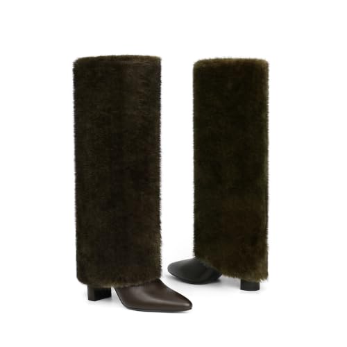 Image of Knee High Boots Women Fold Over Boots Chunky Heel Pointed Toe Tall Boots | Fashion Slouchy Boots,Side Zipper Shark Boots,Fall Spring Winter Fashion Dress Tall Boots,Evening Bridal office Long Boots