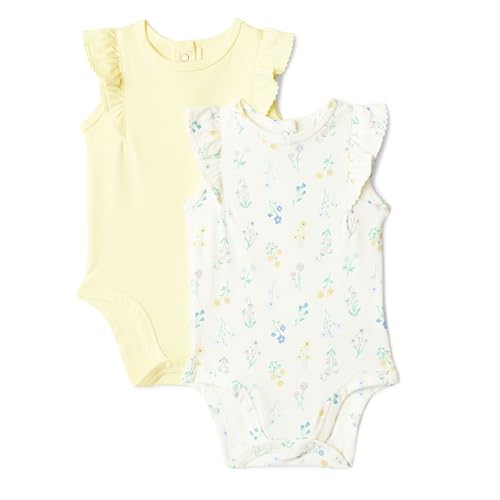 Image of Amazon Essentials x Sofia Grainge Baby Girls' Cotton Ruffle Sleeve Bodysuit with Embroidered Detail, Pack of 2