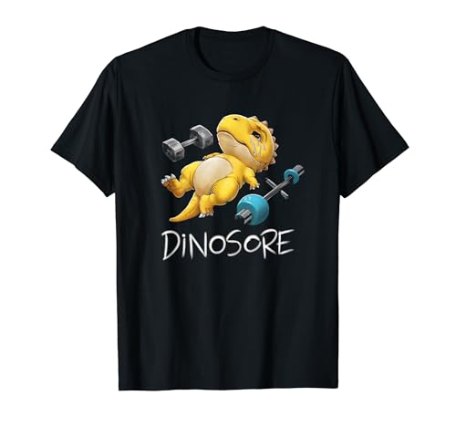 Divertido dinosaurio amarillo dinosaurio entrenamiento gimnasio fitness levantamiento de pesas Camiseta