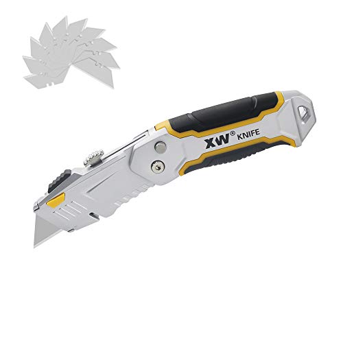 XW Folding Utility Knife with Retractable Blade, Auto-open Box Cutter of Quick Change Mechanism, Extra 10 Blades Included