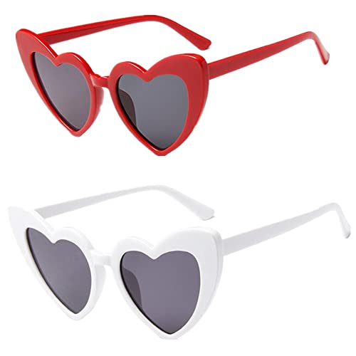 YGMXZL 2 Pièces Lunettes de Soleil En Forme de Coeur,Vintage Cat Eye Lunettes de soleil de style Mod Party Party,Fournitures de Fête Cadeaux Mariage Anniversaires Lunettes (rouge + blanc) Cover
