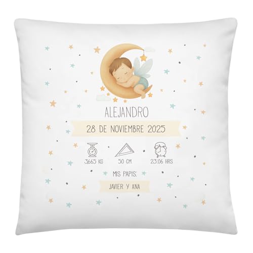 Anak Anak Cojín Natalicio Hada Niño Personalizado con Nombre y Datos de Nacimiento – Cojín Decorativo para Bebé Recién Nacido – Regalo Baby Shower y Recuerdo Especial