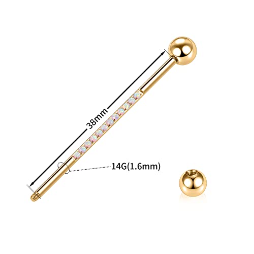 Gagabody Industrial Piercing 14G Industrial Earrings Surgical Steel Industrial Barbell Cartilage Body Piercing Jewelry 1 1/2 Inch 38Mm Gold Industrial Barbell With White Opal thumb #2