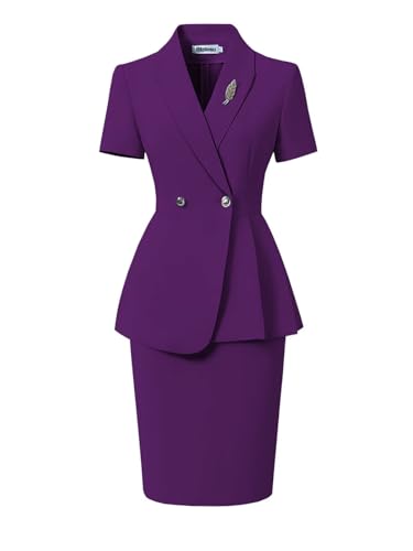 Women's Skirt Suit 2 Piece Short Sleeve Formal Business Lady Suit Set Purple