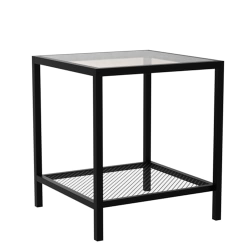 SAYGOER Small End Table Glass Side Table for Small Spaces Square Modern Slim Bed Nightstand with Storage Shelf for Living Room Bedroom Bedside Furniture Easy Assembly, Brown Black