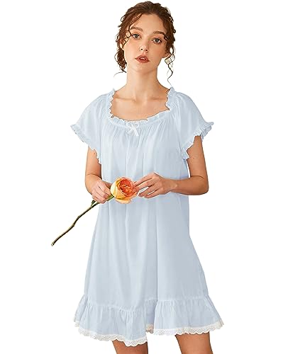 Image of Nanxson Women's Cotton Nightgown Short Sleeve Sleepwear Vintage Nightshirt | Summer Victorian Sleepdress,White Sleepshirt,U Neck Lace Loungewear,Soft Nightshirt,Loose Loungedress,Bride Nightwear
