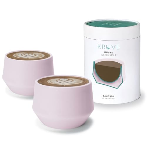KRUVE Imagine Porcelain Latte Coffee Cups, Double Walled Latte Cups, Glass Cups Set of Two - 8.5oz Thermal Spherical Design for Art, Insulated Coffee Mugs for Heat Retention (Pink)