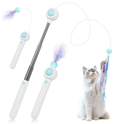 Gerbala Bacchetta Interattivi per Gatti, Giocattolo per Gatti con Piuma, Giocattoli di Canna da Pesca, Giochi Gatto Piume Giochi Interattivi Retrattile con 2 Pezzi Cat Catcher (Blu)