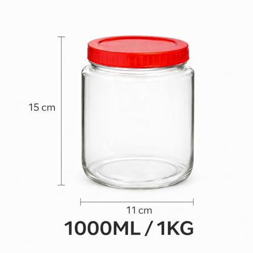 Image of 1000ml Glass Storage Jar with Airtight Red Lid, 1KG Kitchen Container for Rice, Pulses, Dry Fruits, Transparent Thick Glass Pantry Organizer