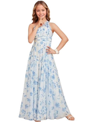 LTW One Shoulder Chiffon Junior Bridesmaid Dress Floral Print Boho Summer Flower Girl Dress for Wedding