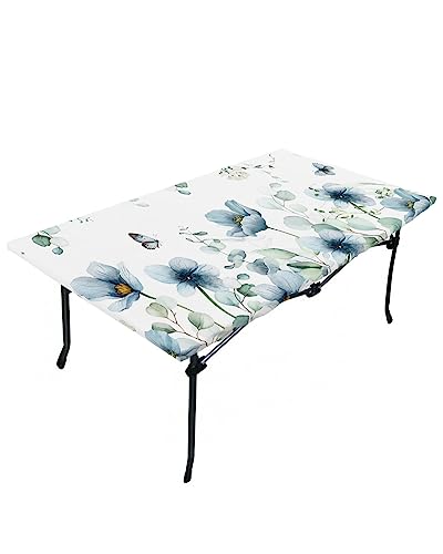 Teal Tulip Fitted Table Covers for 5 Foot Tables, Pastoral Eucalyptus Leaves Botanical Summer Butterfly Elastic Table Cover Rectangle 30