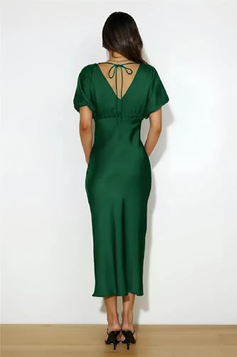 Image of Summer Satin V Neck Puffy Sleeves Empire Waist Midi Dresser Silk Sexy Tie Back Formal Cocktail Dresser for Women Wedding