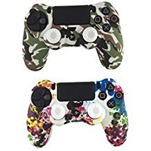 E-fire Water Transfer Printing Camouflage Silicone Cover Skin Case for Sony PS4/slim/Pro controller x 2(Colorful+White)+[2 Pair / 4 Pcs] Silicone Analog Thumb Grip Stick Cover (White)