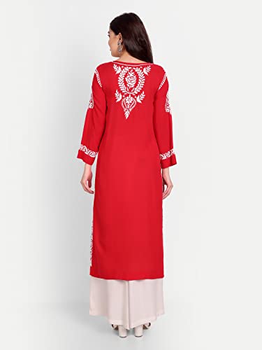 Image of indiankala4u Women's Hand Embroidered Chikankari Kurta for Women | Modal Cotton Straight Kurti | Lucknowi Chikan Work Ethnic Kurta | Full Sleeve Festive Office Wear