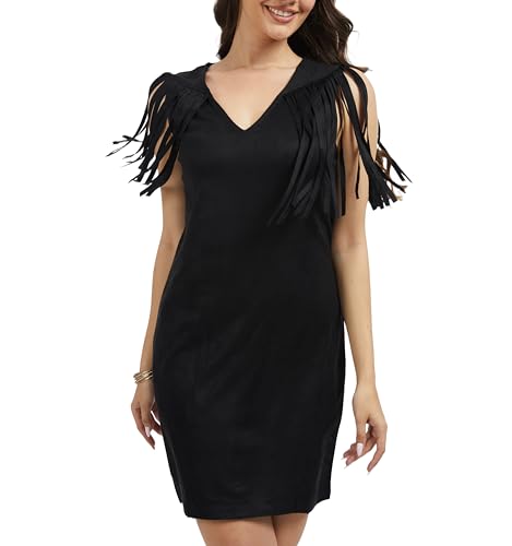 J.Corrine Damen Boho Wildleder-Minikleid mit Fransen V-Ausschnitt Herbst Winter Ärmellos Kleid Tankkleid Weste Cowgirl Hippie Party Cowboy Cosplay...