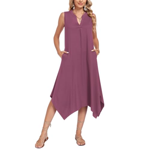 Image of AUSELILY Women Summer Midi Dress, Sleeveless Casual Asymmetrical & Pockets | V-neck midi sundress, asymmetrical flowy hem & side pockets, great for beach, vacation and daily wear