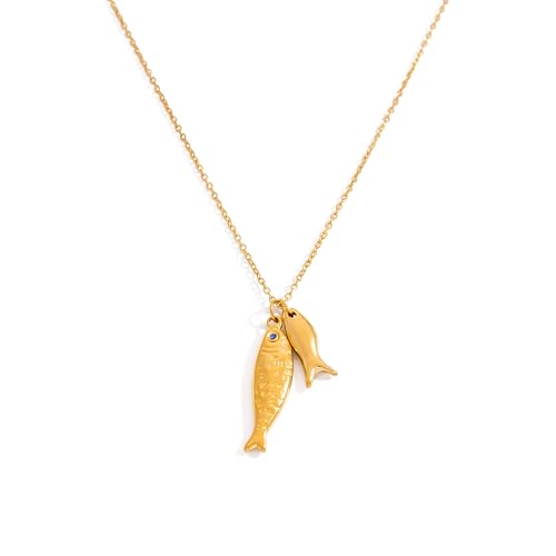 Gold Fish Pendant Necklace for Women Trendy Beach Charm Sardine Necklaces Dainty Summer Jewelry