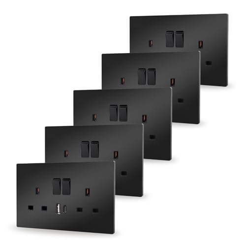 JIMEIDA Double Switched Power Socket 5 Pack Black 13 Amp with USB-A And Type-C Charging Ports PC Panel Wall Outlet Power Socket