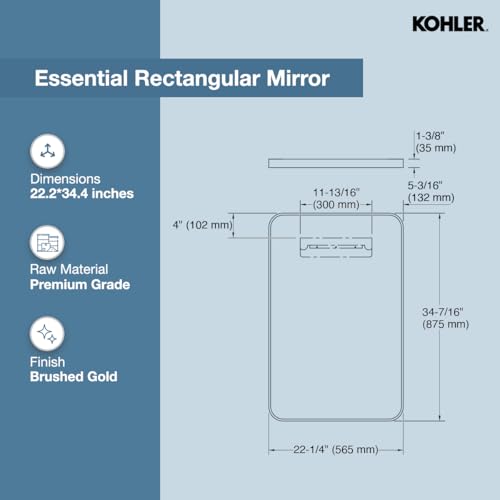 Kohler 26052-BGL Essential Rectangular Bathroom Mirrors, Bathroom Mirrors for Over Sink, 22 in. W x 34 in. H, Moderne Brushed Gold by Kohler - Image 3