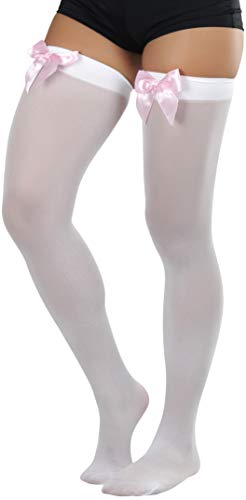 Image of ToBeInStyle Women's Opaque Long Thigh High Stockings w /Decorative Front Satin Bow